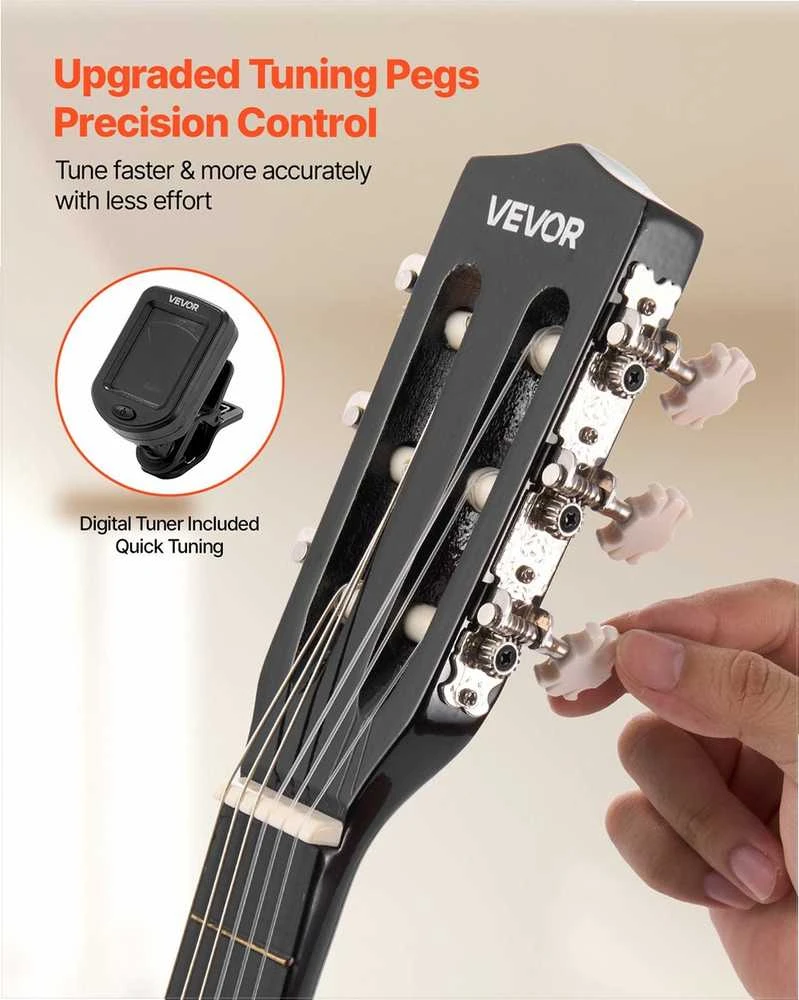 Klasikinės gitaros pradedančiųjų rinkinys, 780 mm liepos medienos instrumentas su nailoninėmis stygomis, derintuvu ir priedais, pradedančiųjų gitaros komplektas, gitara vaikams ir mokiniams
