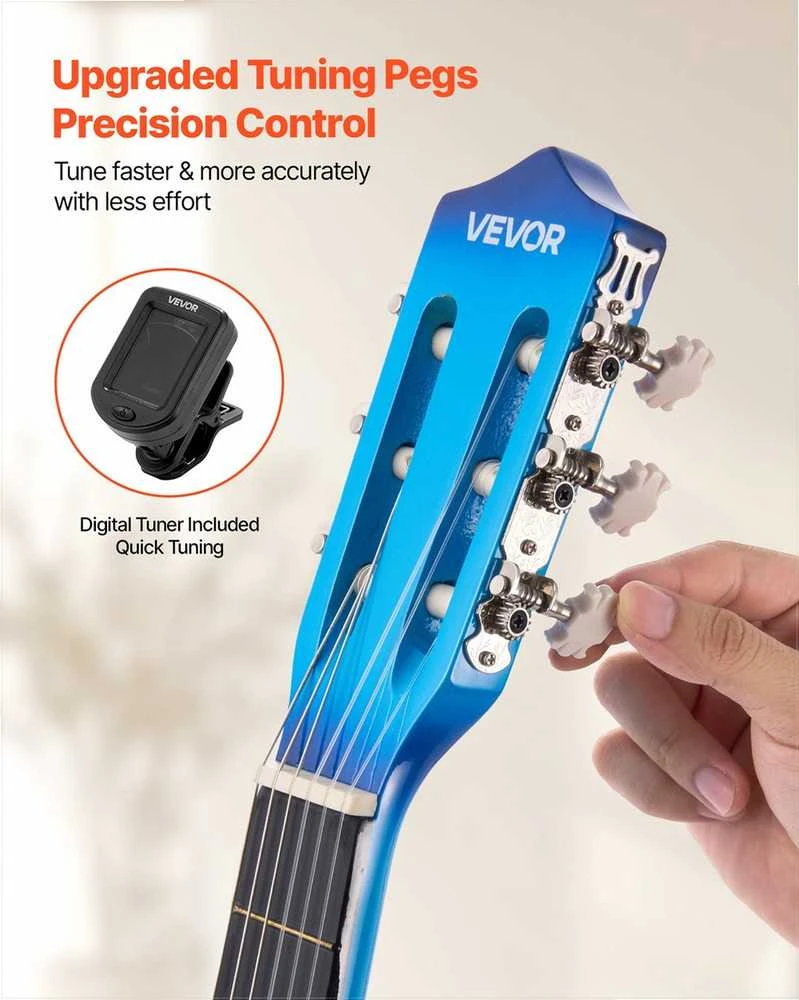 Klasikinės gitaros pradedančiųjų rinkinys, viso dydžio 960 mm instrumentas su nailoninėmis stygomis, dėklu ir derintuvu, mėlynos spalvos liepos medienos klasikinės gitaros rinkinys pradedantiesiems