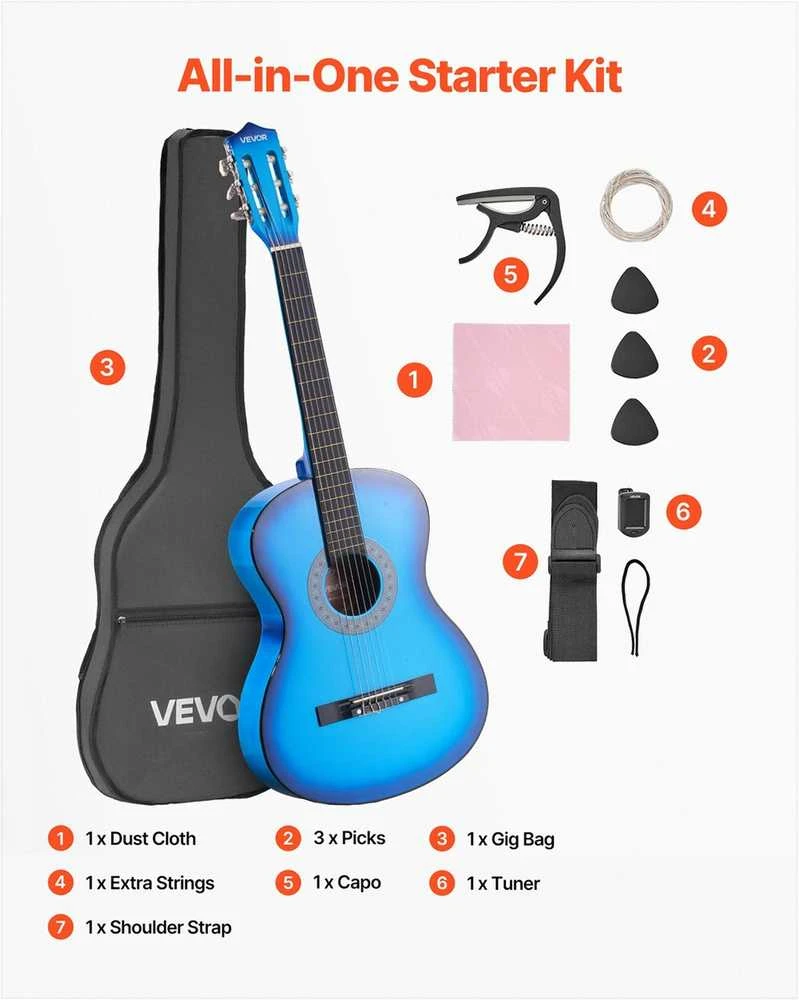 Klasikinės gitaros pradedančiųjų rinkinys, viso dydžio 960 mm instrumentas su nailoninėmis stygomis, dėklu ir derintuvu, mėlynos spalvos liepos medienos klasikinės gitaros rinkinys pradedantiesiems