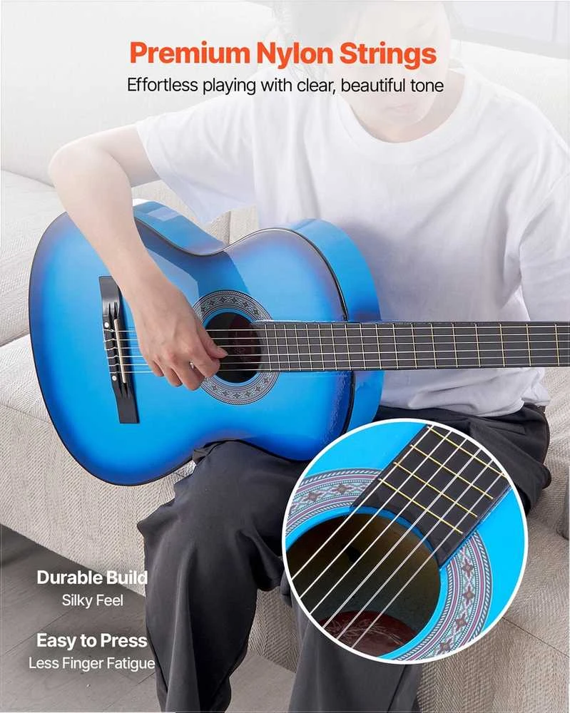 Klasikinės gitaros pradedančiųjų rinkinys, viso dydžio 960 mm instrumentas su nailoninėmis stygomis, dėklu ir derintuvu, mėlynos spalvos liepos medienos klasikinės gitaros rinkinys pradedantiesiems