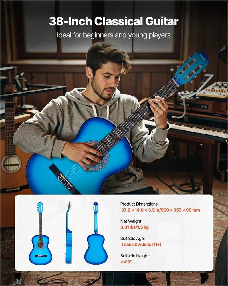 Klasikinės gitaros pradedančiųjų rinkinys, viso dydžio 960 mm instrumentas su nailoninėmis stygomis, dėklu ir derintuvu, mėlynos spalvos liepos medienos klasikinės gitaros rinkinys pradedantiesiems