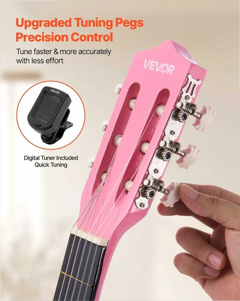 Klasikinės gitaros pradedančiųjų rinkinys, pilno dydžio 960 mm liepos medienos instrumentas su nailoninėmis stygomis, dėklu ir derintuvu, rožinis klasikinis gitaros rinkinys