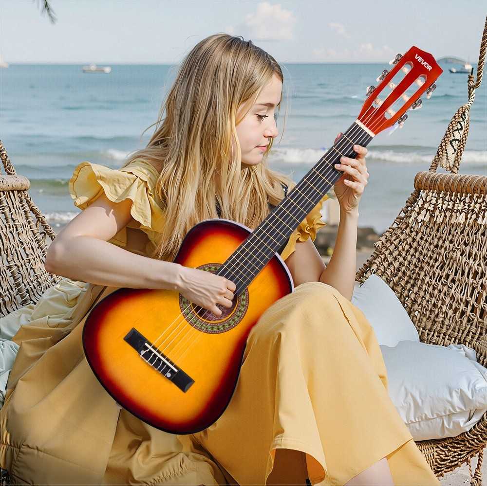 Klasikinės gitaros pradedančiųjų rinkinys, 780 mm medinė gitara su priedais, nailoninėmis stygomis, dėklu, derintuvu, saulės spindulių spalvos apdaila, pradedančiųjų gitaros komplektas