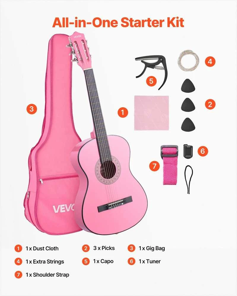 Klasikinės gitaros pradedančiųjų rinkinys, pilno dydžio 960 mm liepos medienos instrumentas su nailoninėmis stygomis, dėklu ir derintuvu, rožinis klasikinis gitaros rinkinys