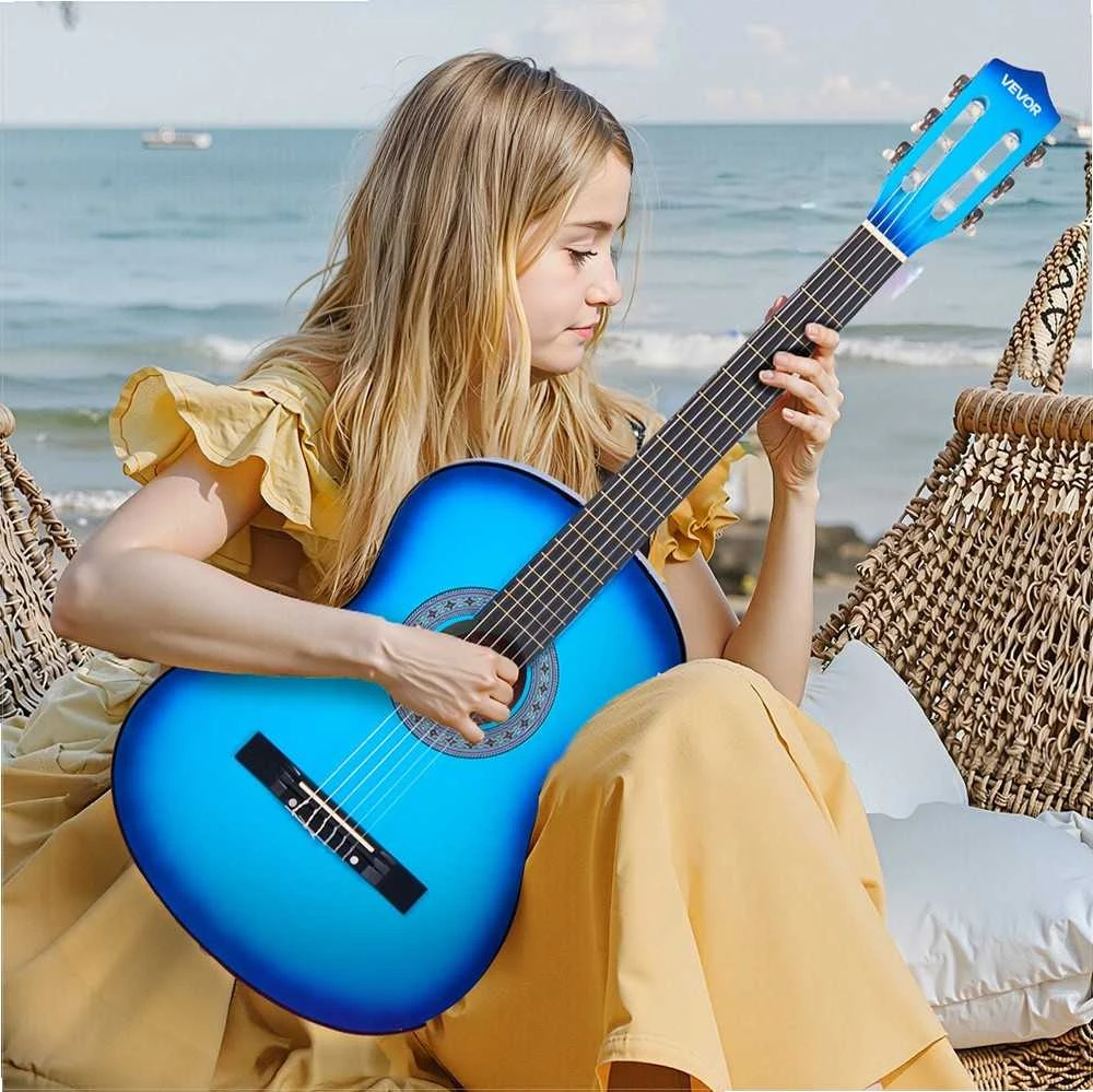 Klasikinės gitaros pradedančiųjų rinkinys, viso dydžio 960 mm instrumentas su nailoninėmis stygomis, dėklu ir derintuvu, mėlynos spalvos liepos medienos klasikinės gitaros rinkinys pradedantiesiems