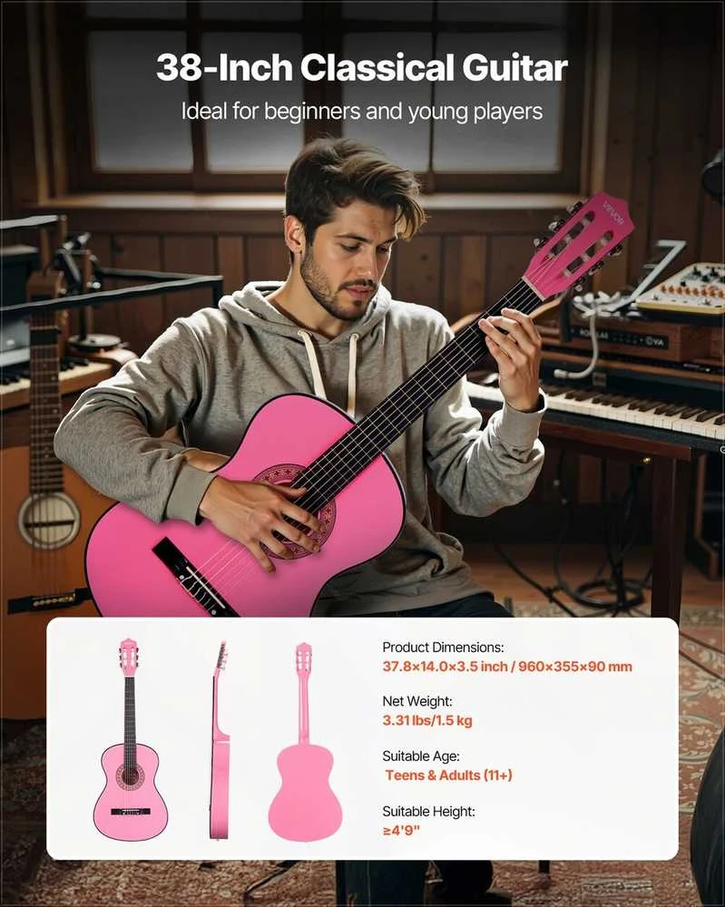 Klasikinės gitaros pradedančiųjų rinkinys, pilno dydžio 960 mm liepos medienos instrumentas su nailoninėmis stygomis, dėklu ir derintuvu, rožinis klasikinis gitaros rinkinys
