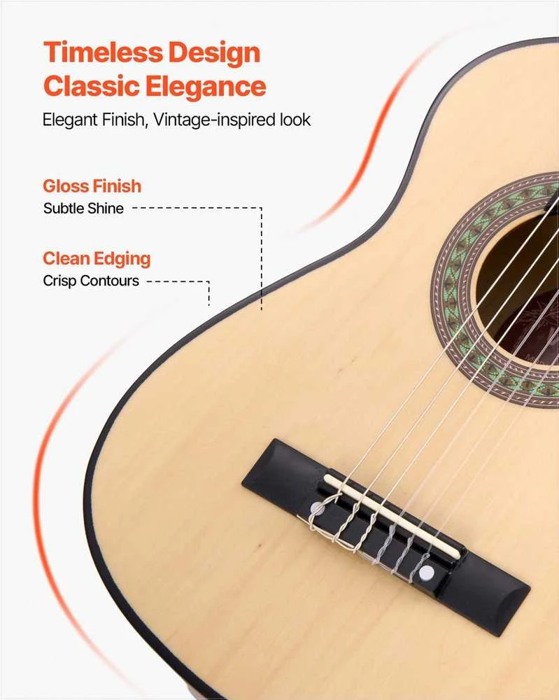 Klasikinės gitaros pradedančiųjų rinkinys, 780 mm liepos medienos instrumentas su nailoninėmis stygomis, pilnas priedų komplektas, natūralios spalvos
