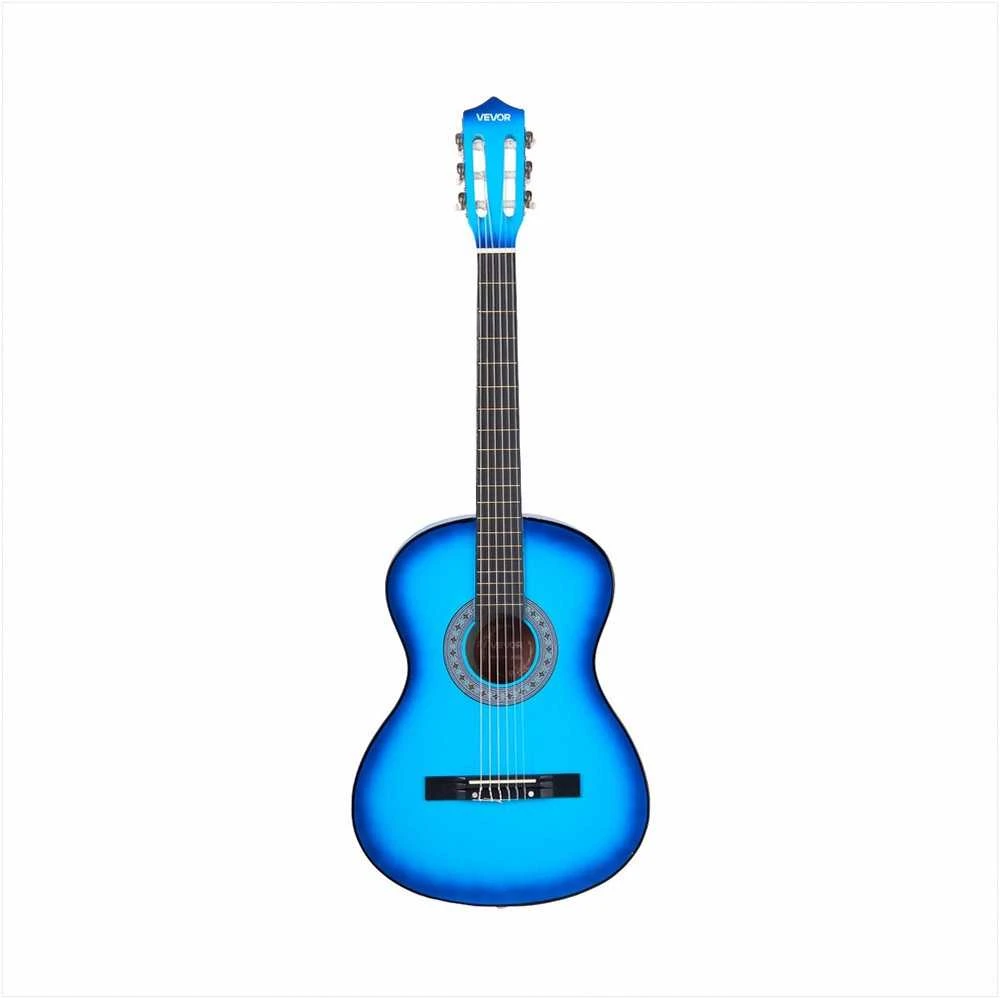 Klasikinės gitaros pradedančiųjų rinkinys, viso dydžio 960 mm instrumentas su nailoninėmis stygomis, dėklu ir derintuvu, mėlynos spalvos liepos medienos klasikinės gitaros rinkinys pradedantiesiems