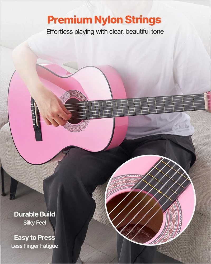 Klasikinės gitaros pradedančiųjų rinkinys, pilno dydžio 960 mm liepos medienos instrumentas su nailoninėmis stygomis, dėklu ir derintuvu, rožinis klasikinis gitaros rinkinys