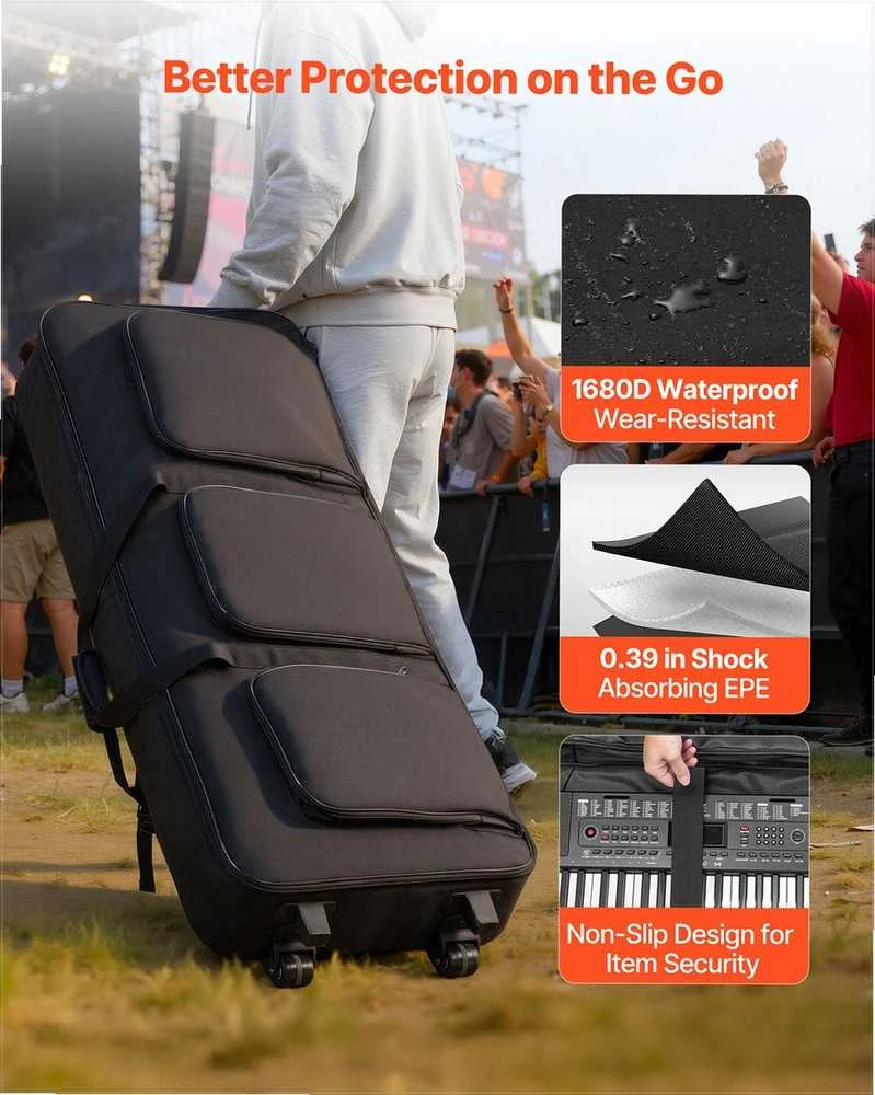 Klaviatūra 88 klavišų klaviatūros dėklas, riedantis pianino dėklas su ratukais, paminkštintas vandeniui atsparus su 3 kišenėmis, klaviatūros transportavimo krepšys, pianino transportavimo dėklas, 88 klavišų krepšys