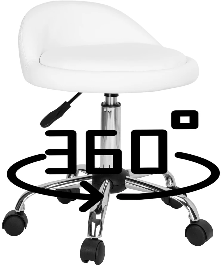 Kosmetinė kėdutė Lomo balta, reguliuojamas aukštis, 360° pasukama, grožio salonui, kirpyklai, manikiūrui, pedikiūrui