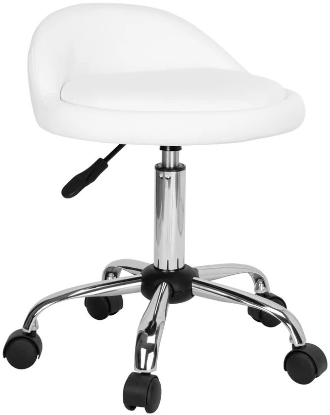 Kosmetinė kėdutė Lomo balta, reguliuojamas aukštis, 360° pasukama, grožio salonui, kirpyklai, manikiūrui, pedikiūrui