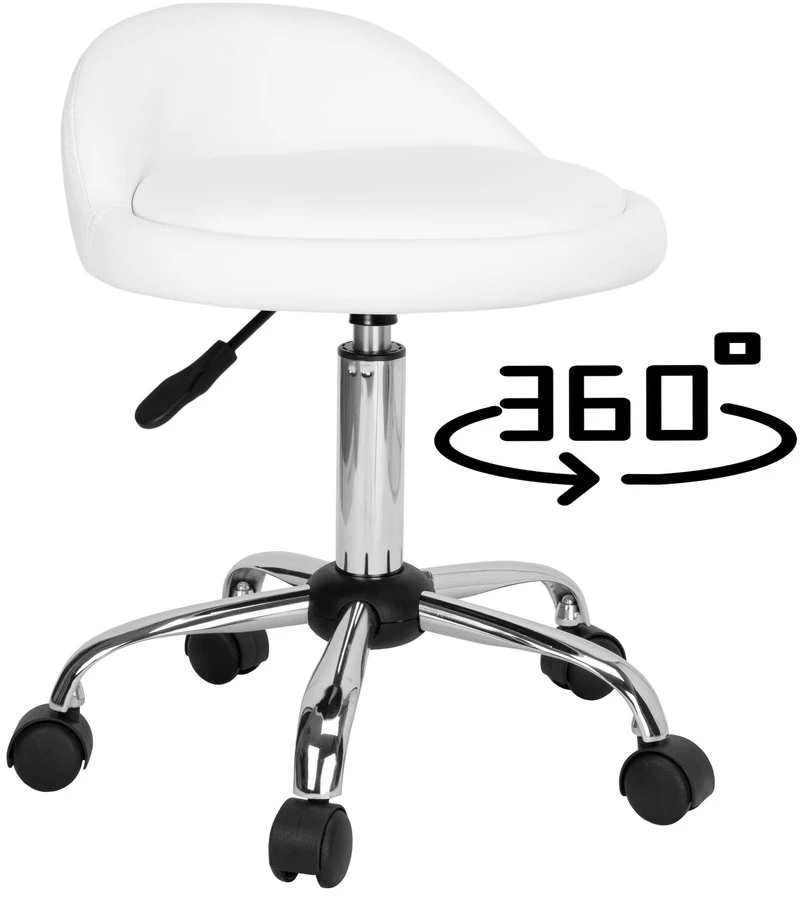 Kosmetinė kėdutė Lomo balta, reguliuojamas aukštis, 360° pasukama, grožio salonui, kirpyklai, manikiūrui, pedikiūrui