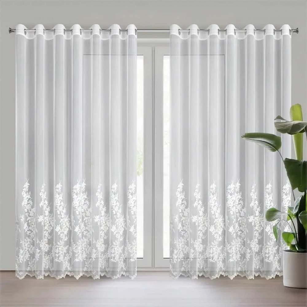Eurofirany Kreminės šampano spalvos gėlėmis siuvinėta užuolaida, paruošta žiedams, 300x250 cm, poliesterio langų drapiruotė, dieninė užuolaida svetainei