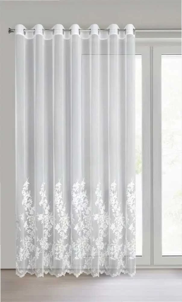 Eurofirany Kreminės šampano spalvos gėlėmis siuvinėta užuolaida, paruošta žiedams, 300x250 cm, poliesterio langų drapiruotė, dieninė užuolaida svetainei