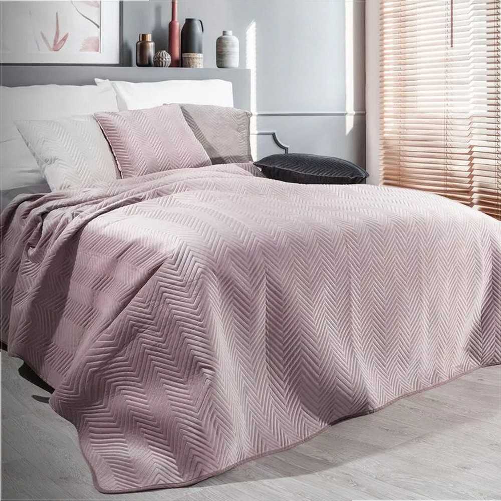 Eurofirany Kreminis aksominis dvipusis dekoratyvinis užtiesalas, 220x240 cm, besiūlis dygsniuotas raštas, vasarinis apklotas, miegamojo dekoras, minkštas lovos užtiesalas Lovatiesė