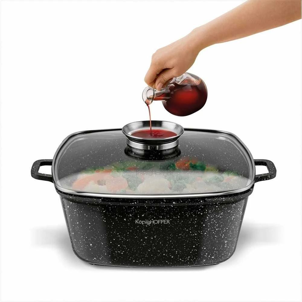 Kvadratinis keraminis puodas 24 cm su aromatizatoriumi ir silikoninėmis rankenų apsaugomis, tinkamas indukcijai 4.9 L, kvadratinis kepimo indas, troškintuvas