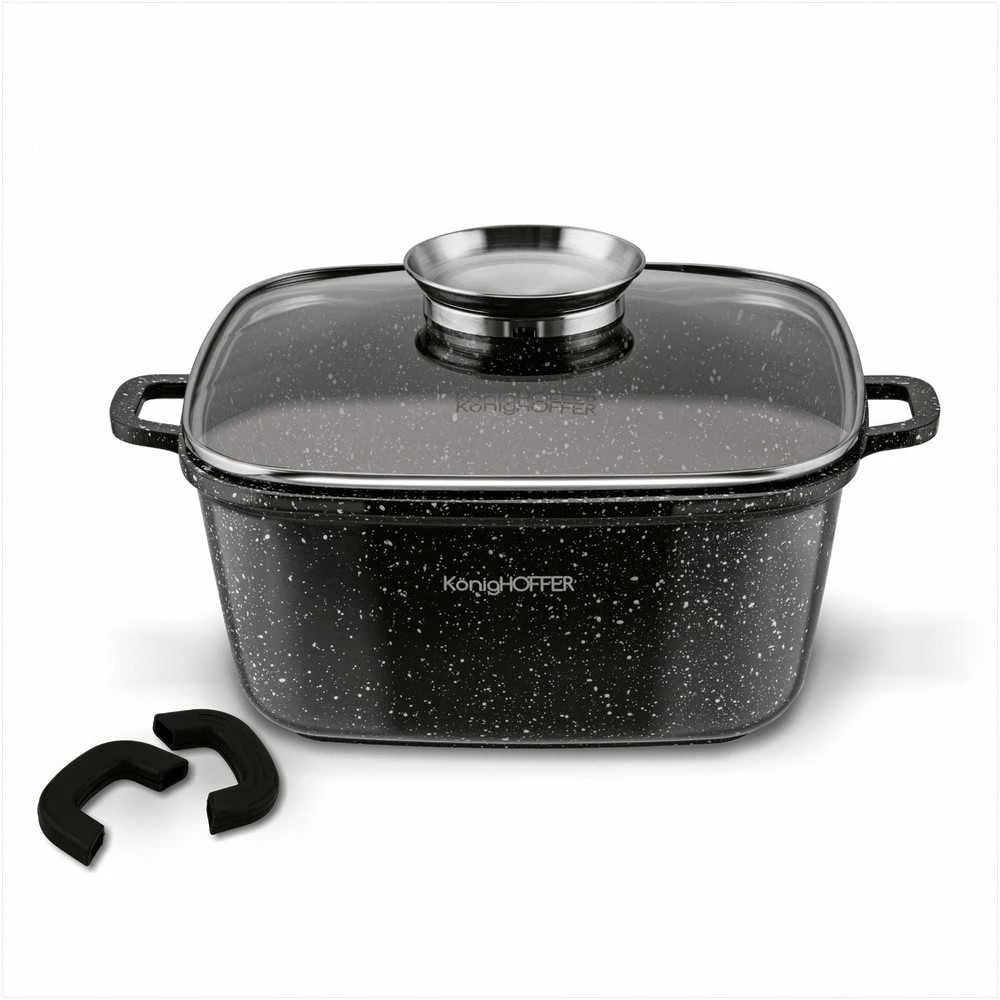 Kvadratinis keraminis puodas 24 cm su aromatizatoriumi ir silikoninėmis rankenų apsaugomis, tinkamas indukcijai 4.9 L, kvadratinis kepimo indas, troškintuvas