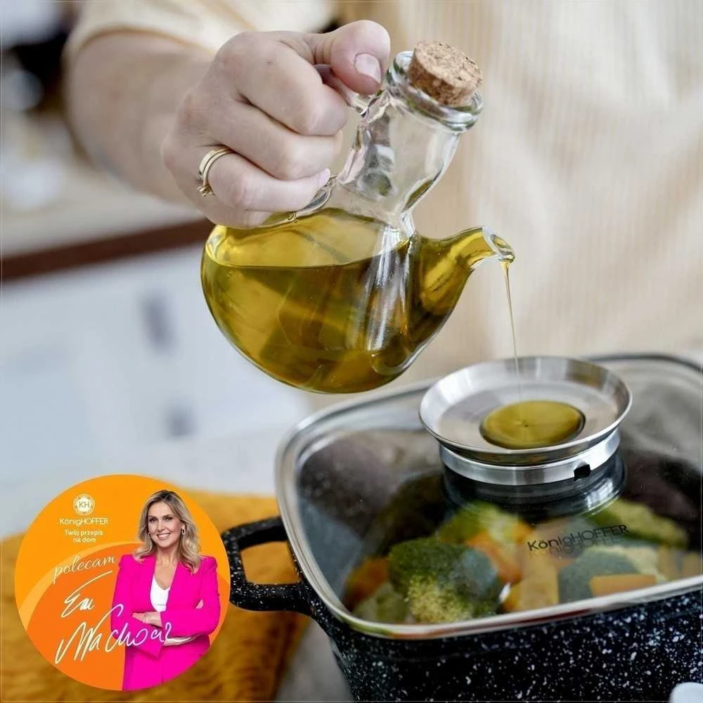 Kvadratinis puodas su keramine danga ir stikliniu dangčiu su aromatizatoriumi, tinkamas indukcijai, 3 litrų talpa, virtuvės indas troškinimui