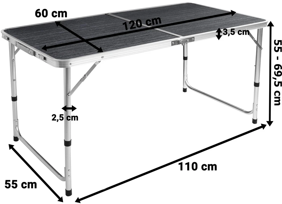 Lauko baldų komplektas Sulankstomas kempingo stalas su 4 kėdėmis, 120x60 cm, juodo medžio, reguliuojamas aukštis, pikniko stalas, turistinis stalas, iškylams