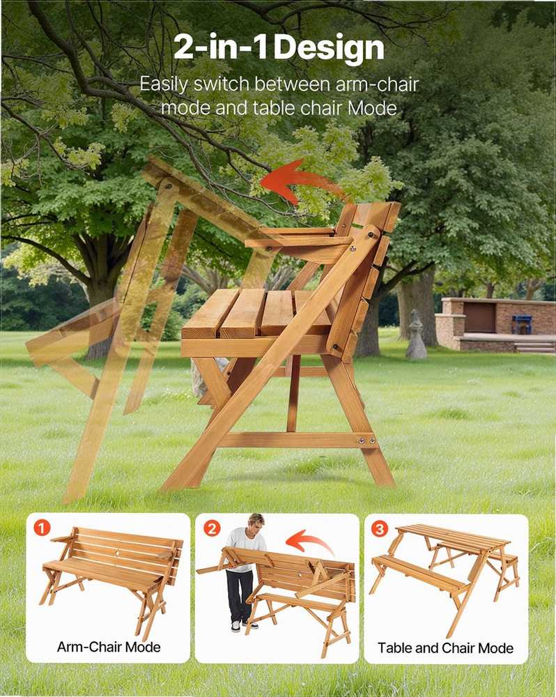VEVOR medinis pikniko stalas su suoliuku 2-in-1