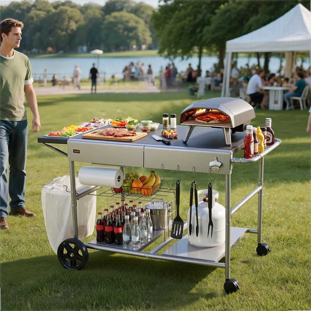 Lauko kepsninės vežimėlis, mobilus gaminimo stalas su prieskonių dėžute ir ratukais, kelių lygių daiktų laikymo sistema, terasos BBQ paruošimo stotis
