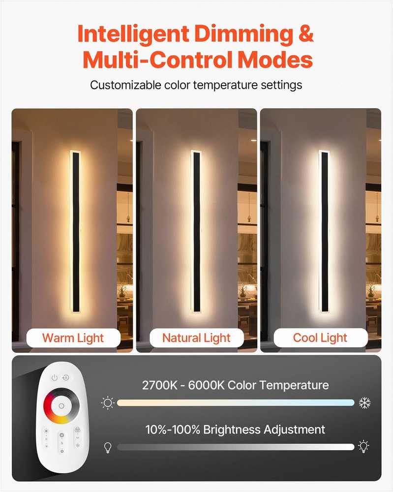 Lauko sieniniai šviestuvai, 2 vnt. pakuotė, 1000 mm ilgio RGB pritemdomi šviestuvai, IP65 vandeniui atsparus išorinis sieninis šviestuvas, reguliuojama spalvų temperatūra 2700–6000 K, apšvietimas su nuotolinio valdymo pulteliu