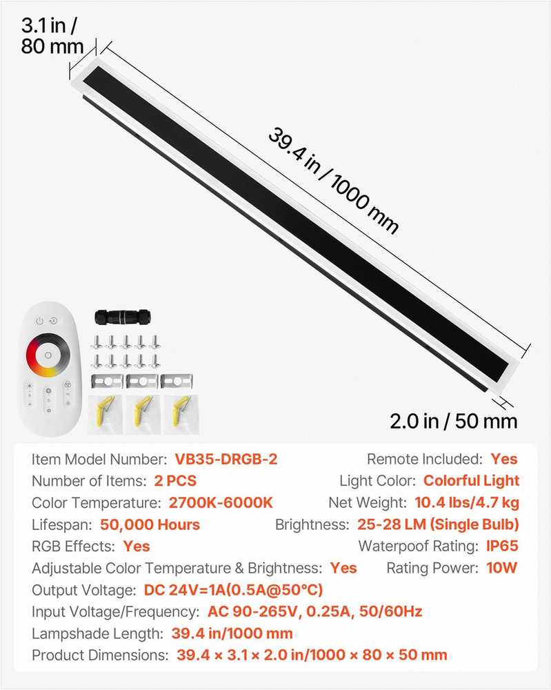 Lauko sieniniai šviestuvai, 2 vnt. pakuotė, 1000 mm ilgio RGB pritemdomi šviestuvai, IP65 vandeniui atsparus išorinis sieninis šviestuvas, reguliuojama spalvų temperatūra 2700–6000 K, apšvietimas su nuotolinio valdymo pulteliu