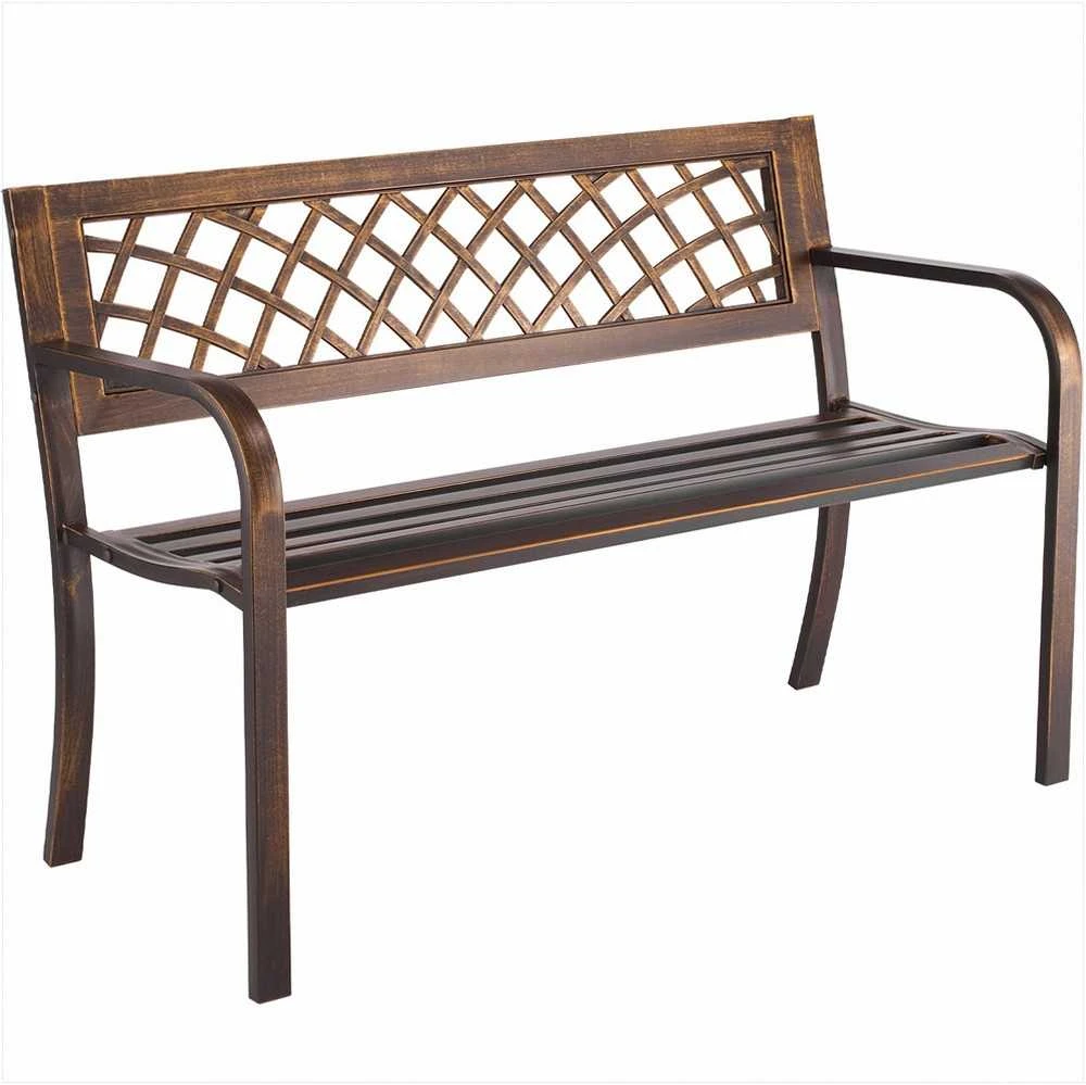 Lauko suoliukas 116 cm atsparus oro sąlygoms terasai sodui parkui, anglinio plieno rėmas su PVC tinklelio atlošu, antikinės bronzos sodo suoliukas, terasos suoliukas, lauko sėdimas suoliukas