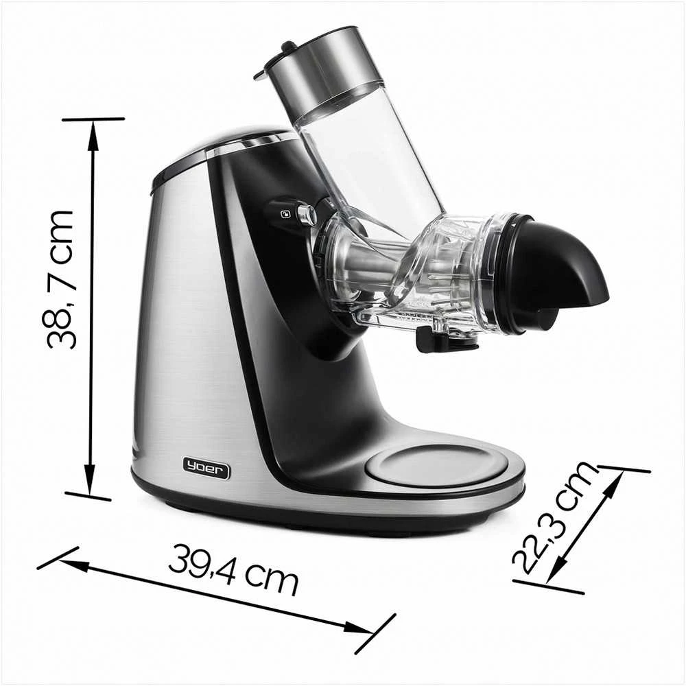 Lėtaeigė sulčiaspaudė su didele anga, 3-in-1 sulčių sorbeto ir tyrės funkcija, 200 W, 0.6 l sulčių ąsotis, 1 l tirščių konteineris, vaisių spaudimo mašina