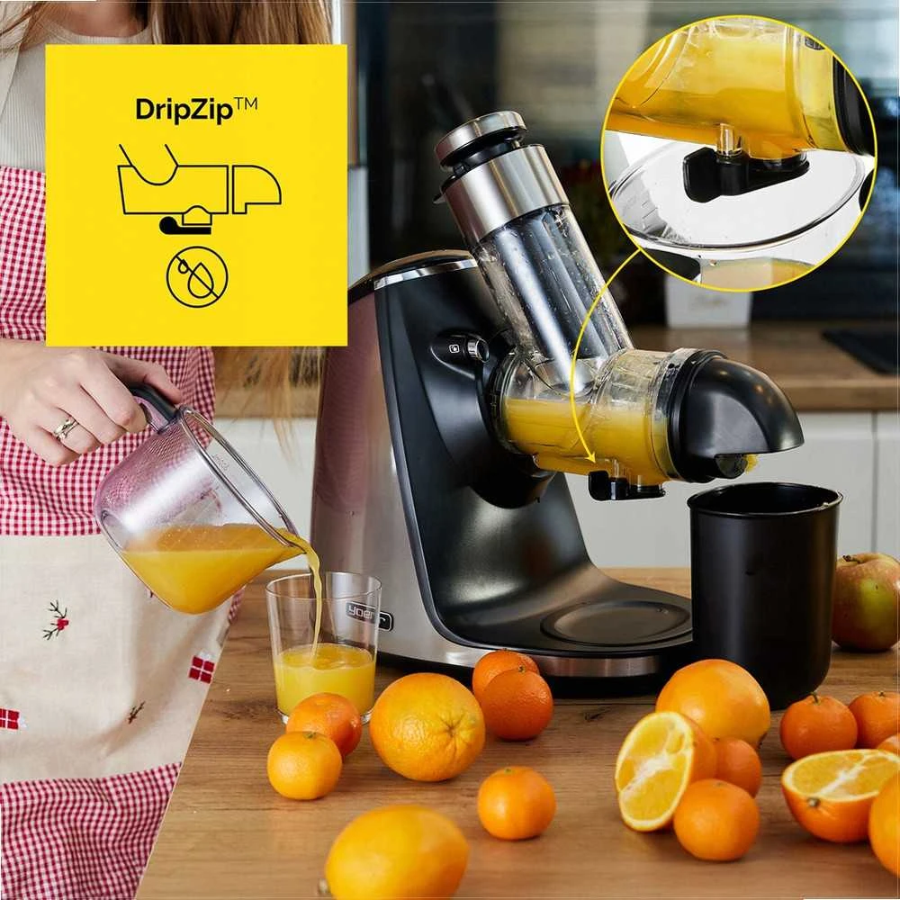 Lėtaeigė sulčiaspaudė su didele anga, 3-in-1 sulčių sorbeto ir tyrės funkcija, 200 W, 0.6 l sulčių ąsotis, 1 l tirščių konteineris, vaisių spaudimo mašina