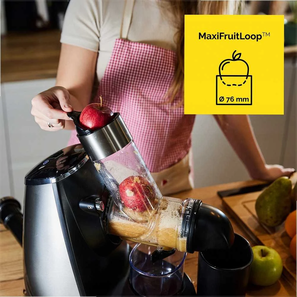 Lėtaeigė sulčiaspaudė su didele anga, 3-in-1 sulčių sorbeto ir tyrės funkcija, 200 W, 0.6 l sulčių ąsotis, 1 l tirščių konteineris, vaisių spaudimo mašina