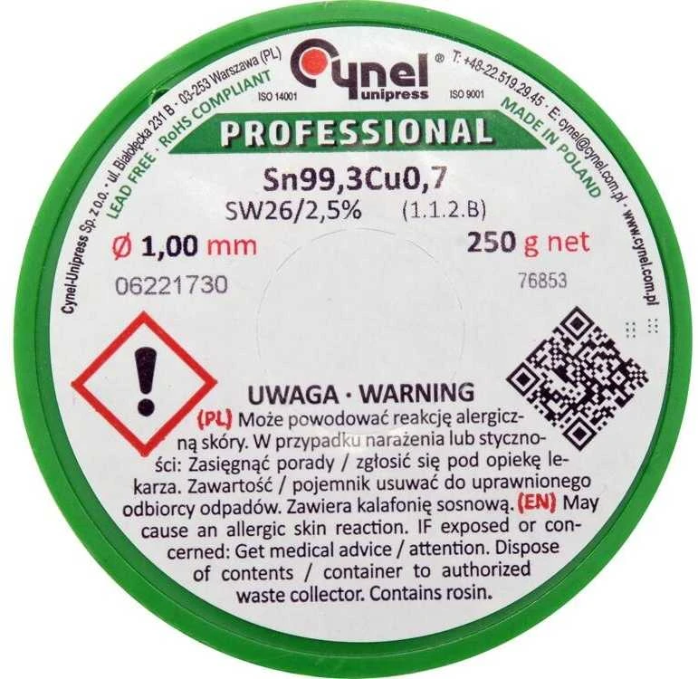 Lydmetalio viela be švino su srautu, 1,0 mm, 250 g, Sn99.3Cu0.7, elektronikos lydmetalis, minkšto litavimo viela