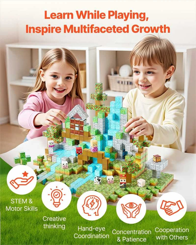 Magnetinės statybinės kaladėlės vaikams, STEM Montessori sensorinis žaislas, 150 dalių miško pilies rinkinys, kūrybiniai konstravimo kubeliai nuo 3 metų