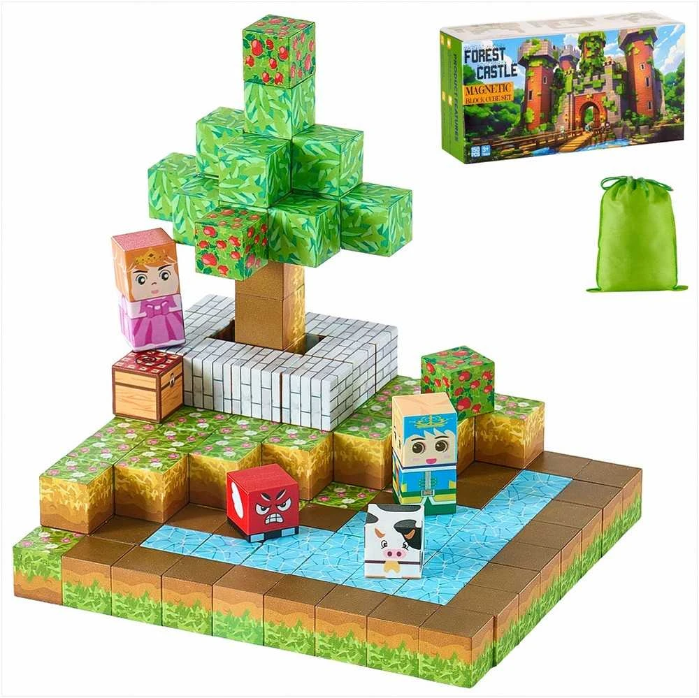 Magnetinės statybinės kaladėlės vaikams, STEM Montessori sensorinis žaislas, 150 dalių miško pilies rinkinys, kūrybiniai konstravimo kubeliai nuo 3 metų