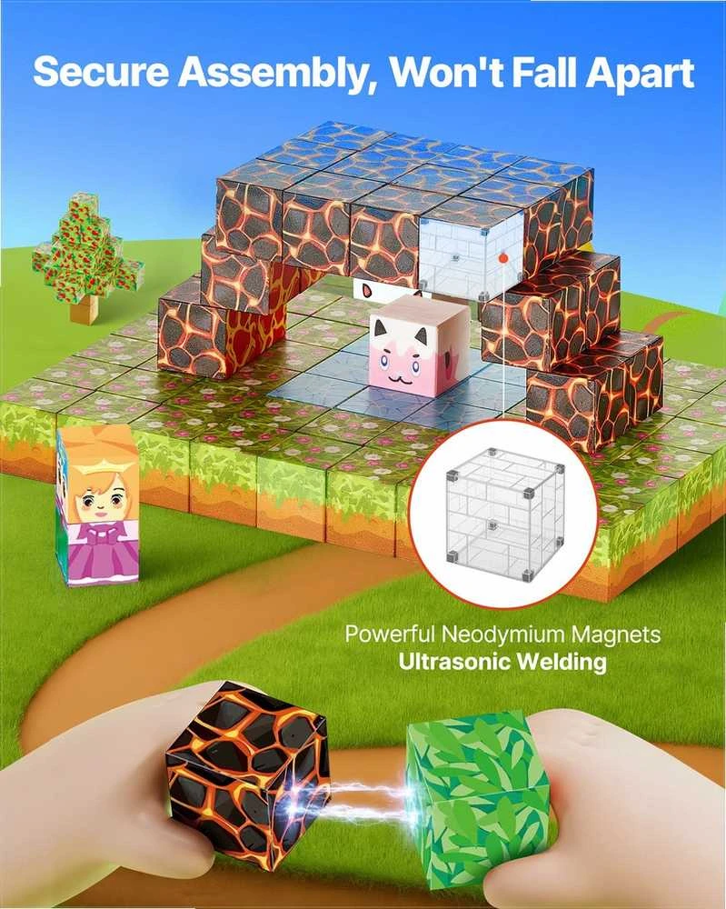 Magnetinės statybinės kaladėlės vaikams, STEM Montessori sensorinis žaislas, 150 dalių miško pilies rinkinys, kūrybiniai konstravimo kubeliai nuo 3 metų