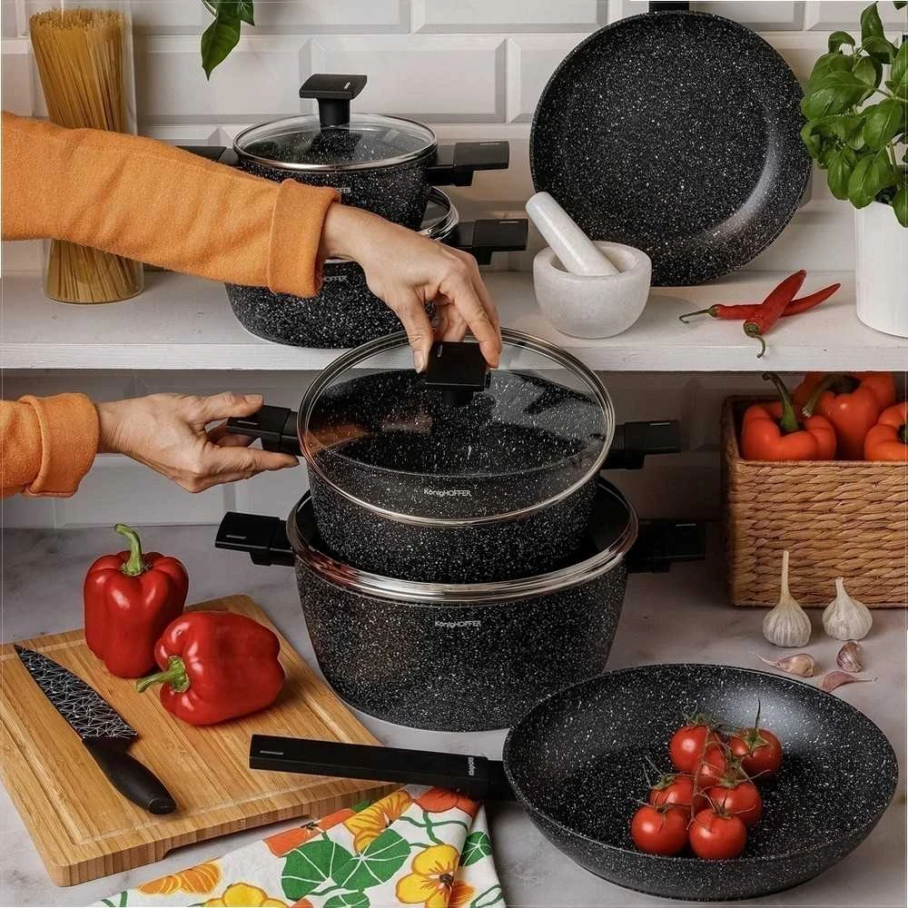 Marmuro efekto indų rinkinis indukcijai, 10 dalių neprisvylantys aliuminio puodai ir keptuvės, marmuriniai indai, akmens dangos puodų komplektas, virtuvės reikmenys