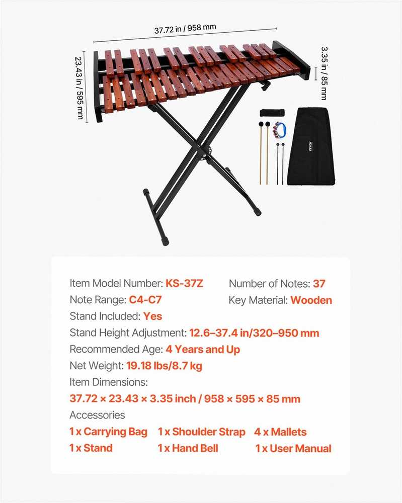 Medinis ksilofono instrumentas 37 natos, muzikinis rinkinys pradedantiesiems su reguliuojamu stovu, nešiojamas perkusijos komplektas, medinis metalofonas vaikams ir suaugusiems