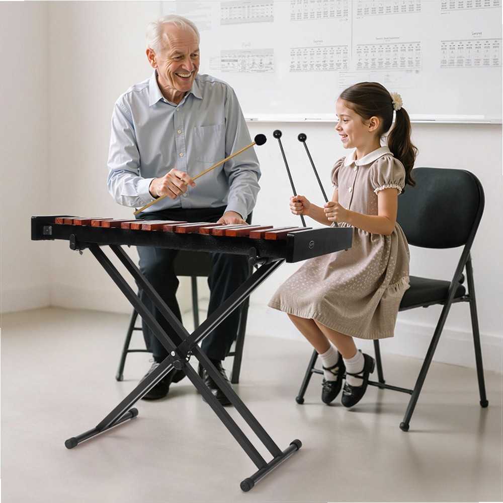 Medinis ksilofono instrumentas 37 natos, muzikinis rinkinys pradedantiesiems su reguliuojamu stovu, nešiojamas perkusijos komplektas, medinis metalofonas vaikams ir suaugusiems