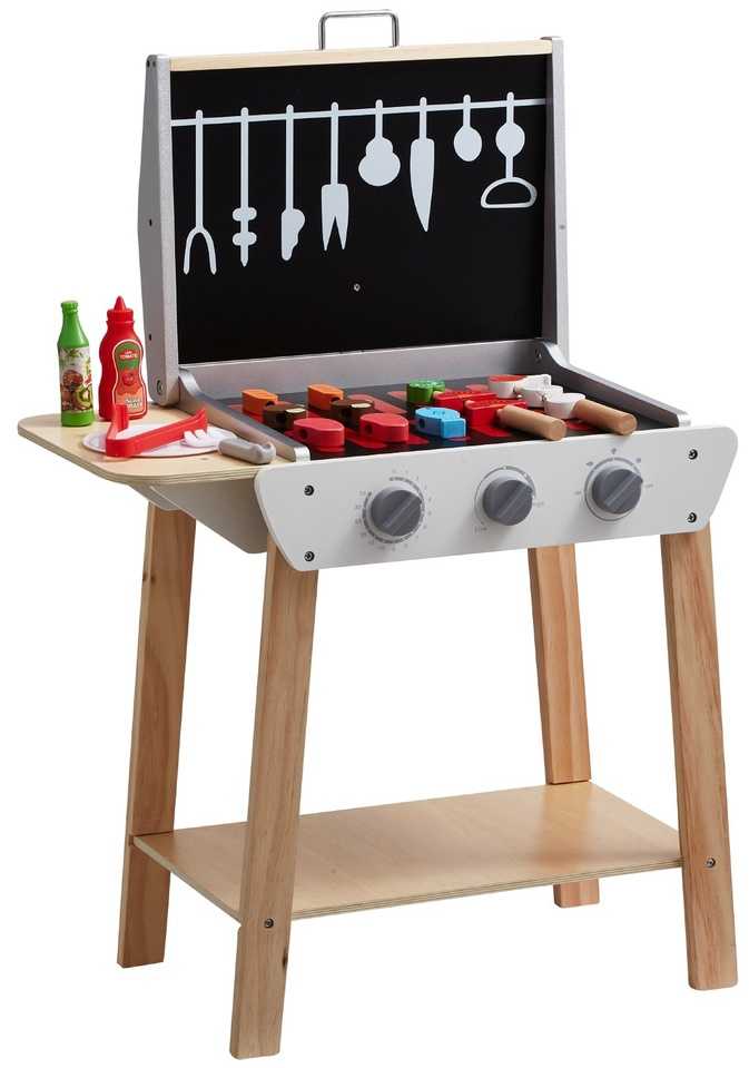 Medinis vaikiškas BBQ grilio žaidimų rinkinys su žaisliniais maisto priedais, edukacinis žaislas vaikams, apsimestinis žaidimų grilis, medinis grilio rinkinys mažyliams