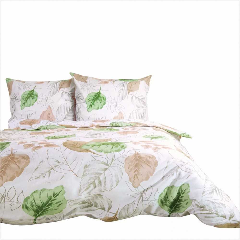 Medvilnės flanelės patalynės komplektas 220x200 cm, šiltas ir minkštas, su lapų raštu, balta smėlio žalia, 2 pagalvių užvalkalai, flanelinė patalynė miegamajam
