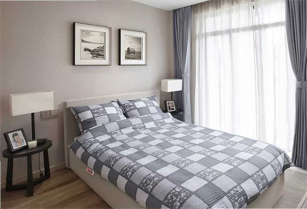 Medvilnės perkalio patalynės komplektas, 200x220 cm antklodės užvalkalas su raukiniais, pilkas užsegimas sagomis, 100% medvilnė, 140 g/m², komplekte 2 pagalvių užvalkalai, minkšta patalynė miegamajam