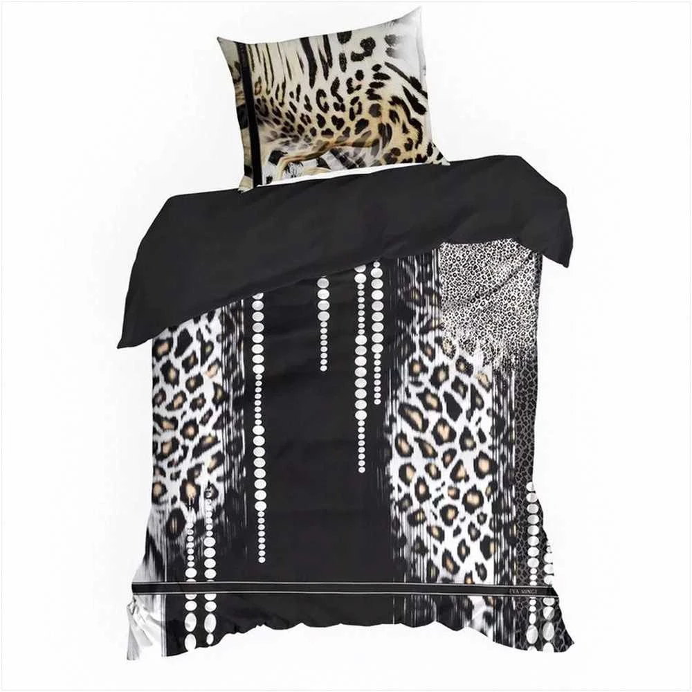 Eurofirany Medvilnės satino patalynės komplektas, 140x200 cm ir 70x80 cm, su užtrauktuku, 125 g/m², smėlio ir juodos spalvos leopardo raštas, minkšta patalynė miegamajam Patalynė