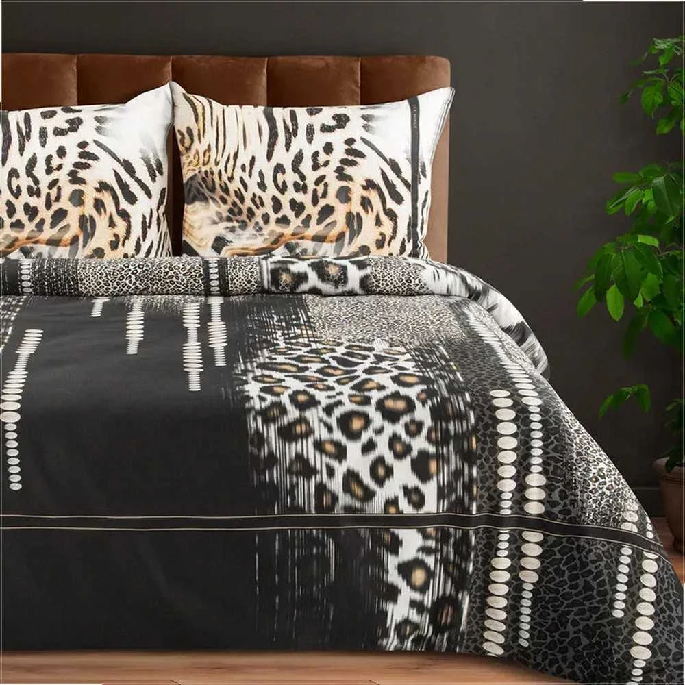 Eurofirany Medvilnės satino patalynės komplektas, 140x200 cm ir 70x80 cm, su užtrauktuku, 125 g/m², smėlio ir juodos spalvos leopardo raštas, minkšta patalynė miegamajam Patalynė