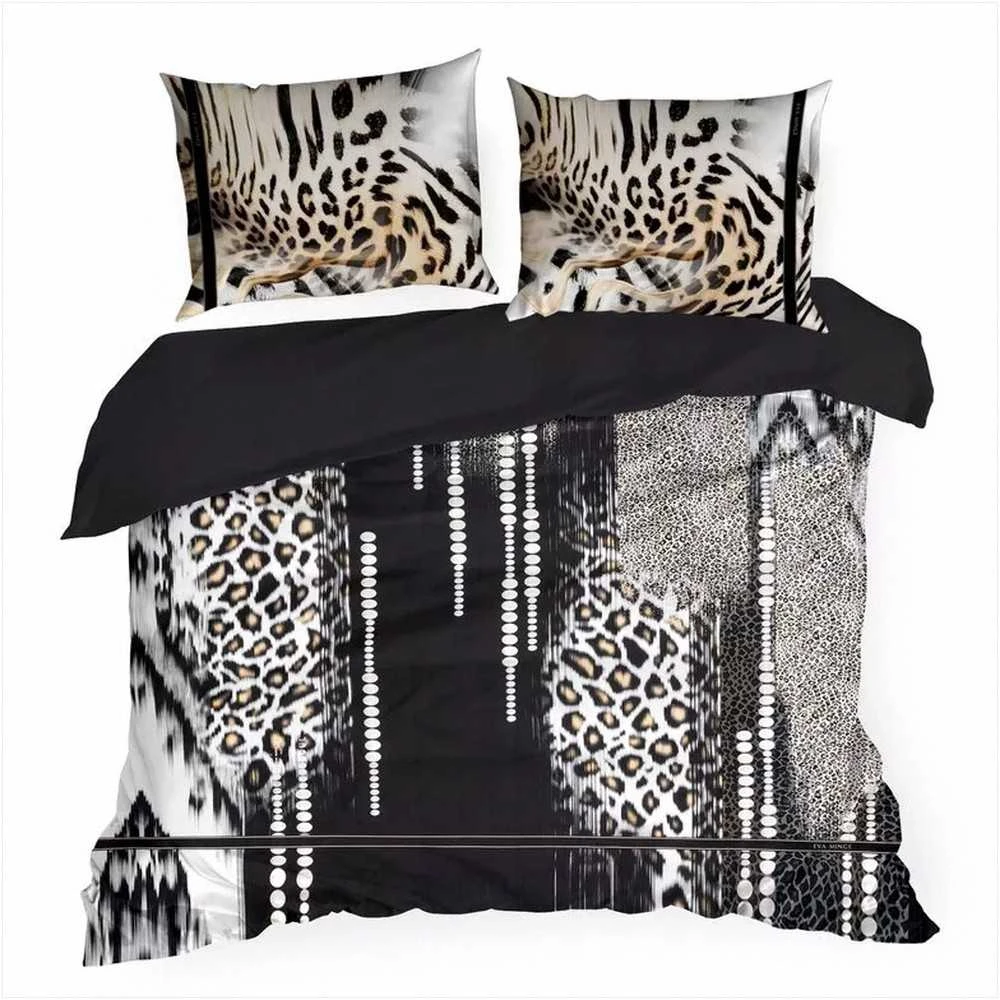 Eurofirany Medvilnės satino patalynės komplektas, 140x200 cm ir 70x80 cm, su užtrauktuku, 125 g/m², smėlio ir juodos spalvos leopardo raštas, minkšta patalynė miegamajam Patalynė