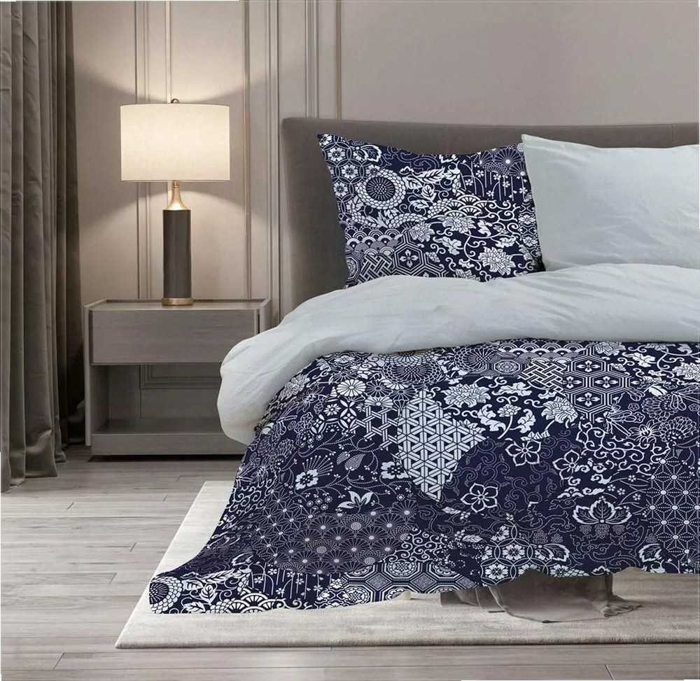 Medvilnės satino patalynės komplektas 160x200 cm, dvipusis, tamsiai mėlynos pilkos rožės raštas, apverčiamas dizainas, lengvai prižiūrimas audinys, miegamojo tekstilė