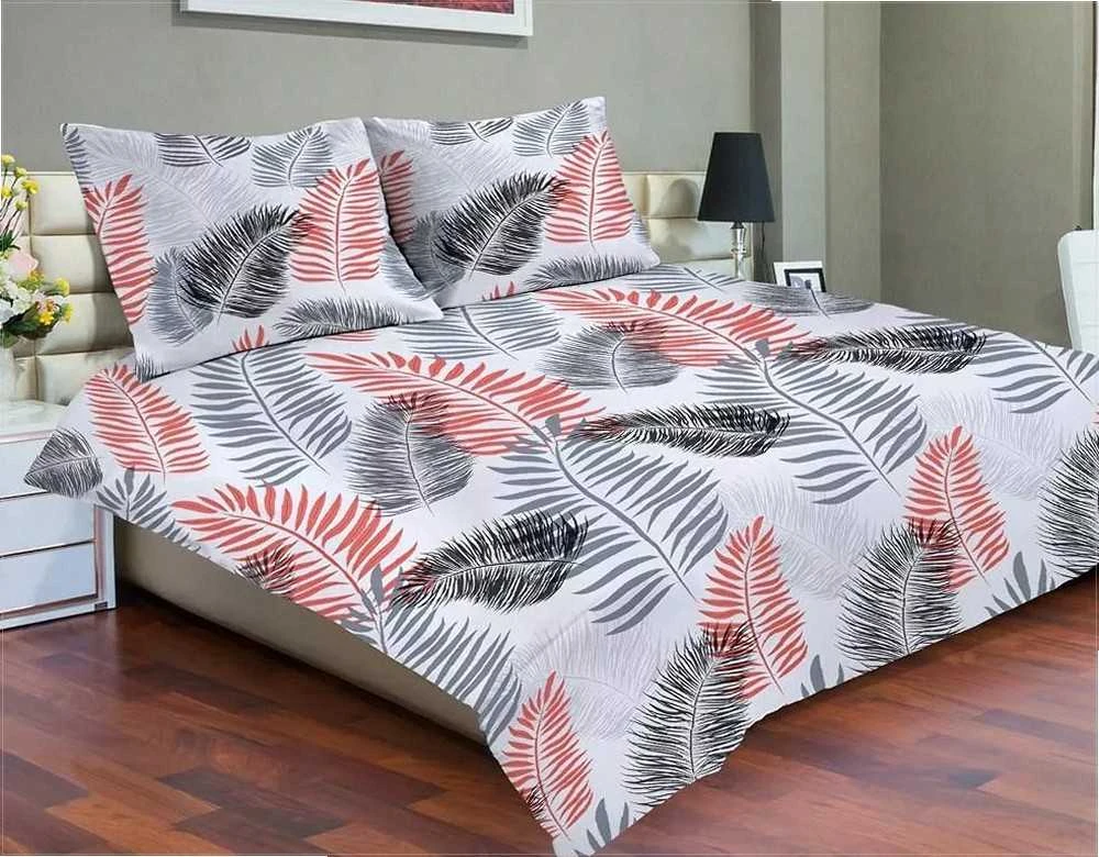 Multitex Medvilnės satino patalynės komplektas 220x200 cm, palmių lapų raštas, balta pilka raudona, antklodės ir pagalvių užvalkalai, miegamojo tekstilė