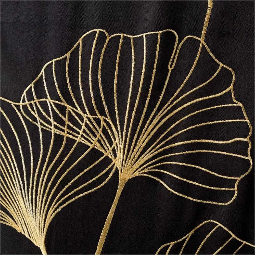 Eurofirany Medvilnės satino patalynės komplektas su siuvinėtais ginkmedžio lapais, 160x200 cm, juodos ir aukso spalvos dizainas, lengvai prižiūrima patalynė su užtrauktuku, miegamojo tekstilė Patalynė