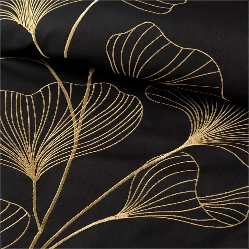 Eurofirany Medvilnės satino patalynės komplektas su siuvinėtais ginkmedžio lapais, 160x200 cm, juodos ir aukso spalvos dizainas, lengvai prižiūrima patalynė su užtrauktuku, miegamojo tekstilė Patalynė