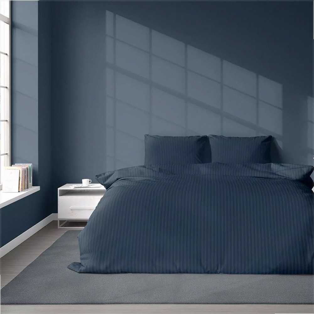 Medvilninės drobės patalynės komplektas, 220x200 cm su pagalvių užvalkalais, vientisos spalvos su 1 cm juostelėmis, paslėptas užtrauktukas, OEKO-TEX sertifikatas, miegamojo tekstilė